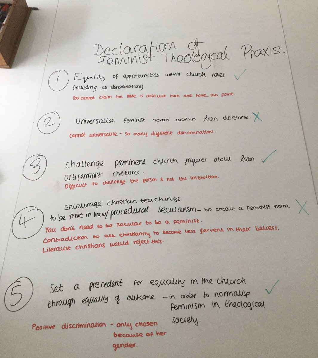 ReedsPandR's tweet photo. @JustinWelby U6th are learning about McFaugue, Daly &amp; Reuther, with additional Barth, Bultmann &amp; Hauerwas. This is their #Declaration for #Feminist #Theological #Praxis, with rebuttals in red/achievability (within their lifetimes) in green. What do you think? #hermeneutics https://t.co/vFceZlESq0