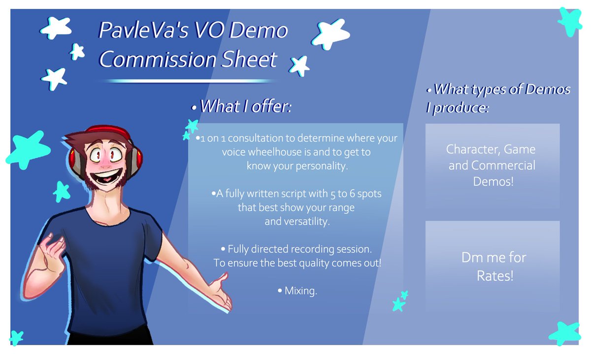 VAPavle's tweet photo. Heres my,
⭐Demo Production Commission Sheet⭐

Here you can see what I offer and how the process goes.

DM for rates~

Commission Sheet made by: @AbicadabriVA https://t.co/sdgUxsNtWH
