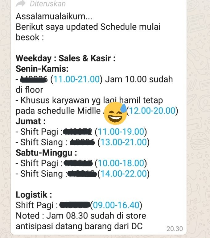 Jeshargiedan's tweet photo. Jadi ceritanya tempat kerja gw ada rencana gurangin jam kerja...

dan hasilnya jeng jeng... Cuman jam opening stornya yg berkurang bukan jam kerja karyawannya 😂 #stayhomechallenge jadi gak ada #LockDownIndonesia ya sudahlah ya #COVID2019 https://t.co/tg2HHODuFr