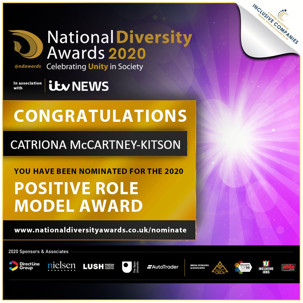 ndawards's tweet photo. Congratulations to you Catriona McCartney-Kitson (@catriona_mk) You have been nominated for @OpenUniversity's Positive Role Model Award for Disability at The National Diversity Awards 2020 in association with @itvnews! To vote, please visit https://t.co/7nKFnissYs #NDA20 #VoteNow https://t.co/pC8izNAknw