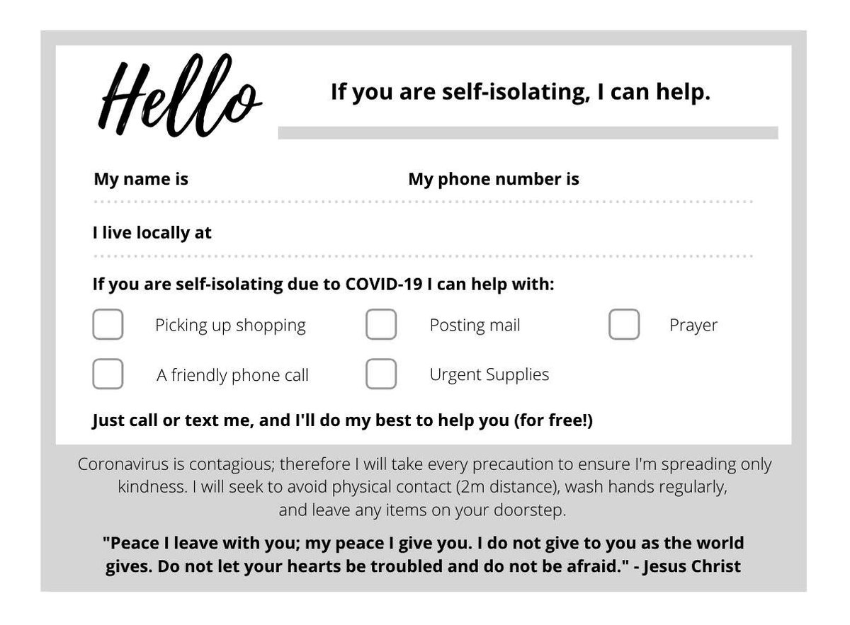 One UK church is distributing these in their local community. What a practical way to reach out as the body of Jesus Christ.

Download cards here: bit.ly/LoveYourNeighb…

#coronavirus