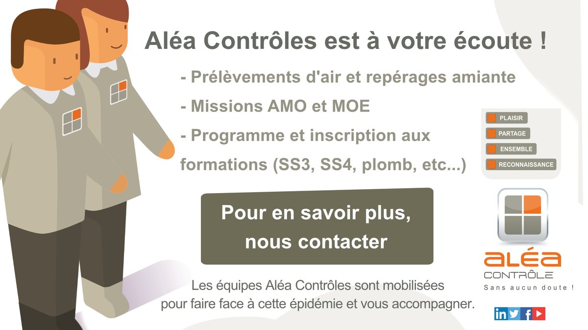 AleaControles's tweet photo. ⚠️ @ALEACONTROLES lutte contre le #Coronavirus :
✅ Formations : Suspension provisoire
✅ Prélèvements d'air et repérages #amiante : Adaptation des procédures d'intervention
✅ Ingénierie et conseils : visio-conférence
En savoir + : https://t.co/oeJMUeA4cf https://t.co/iL4ZZIIrsd