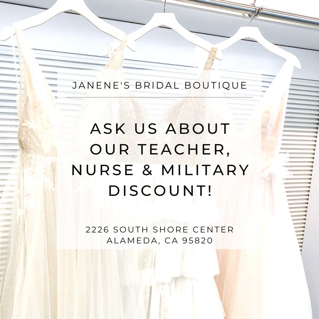 JanenesBridal's tweet photo. Ask your bridal consultant about our teacher, nurse and military discount! 👰🏻 Thank you for serving our communities and nation. 🇺🇸 #janenesbridalboutique⁠ https://t.co/8Z2ZYbudkI