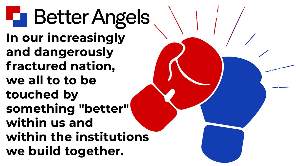 braver_angels's tweet photo. The United States is disuniting. We’re becoming two Americas angry with the other and distrusting our opposites’ basic humanity and good intentions.  Watch for upcoming #BetterAngels events to learn why this doesn't have to be the case. https://t.co/wuBVSb1sGf