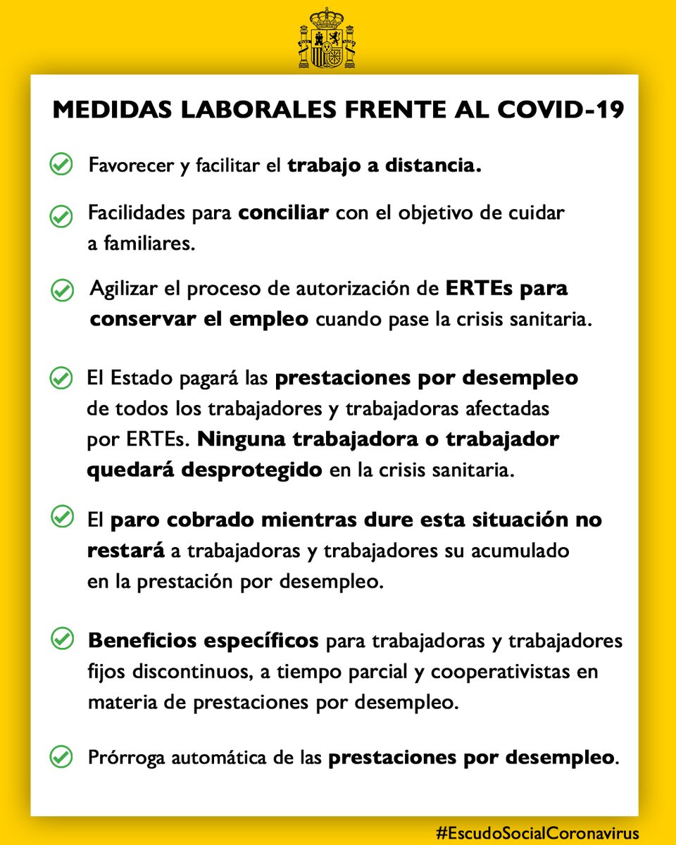 El Consejo de Ministros ha aprobado un paquete de medidas en materia laboral para evitar que se pierdan puestos de trabajo durante la crisis sanitaria. La defensa de los trabajadores y trabajadoras es nuestra prioridad. 

Las principales claves. 👇🏽 #EscudoSocialCoronavirus