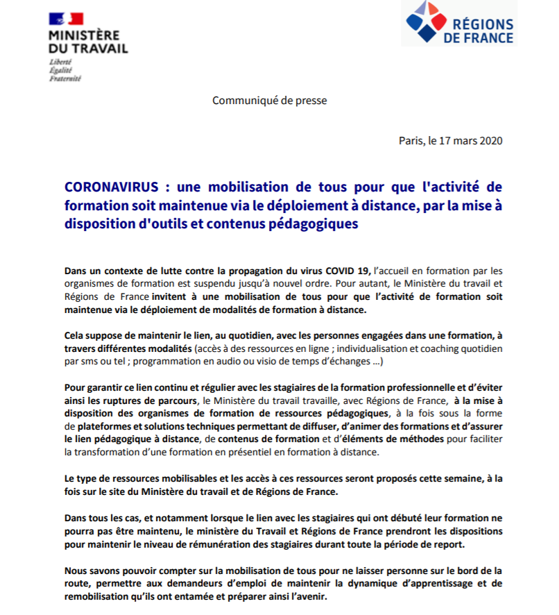 Travail_Gouv's tweet photo. #COVID19 | L’accueil en #formation par les organismes de formation est suspendu jusqu’à nouvel ordre. 

👉Appel à une mobilisation de tous pour que l'activité de formation soit maintenue via le déploiement à distance, par la mise à disposition d'outils et contenus pédagogiques. https://t.co/bmBOYy00Fp