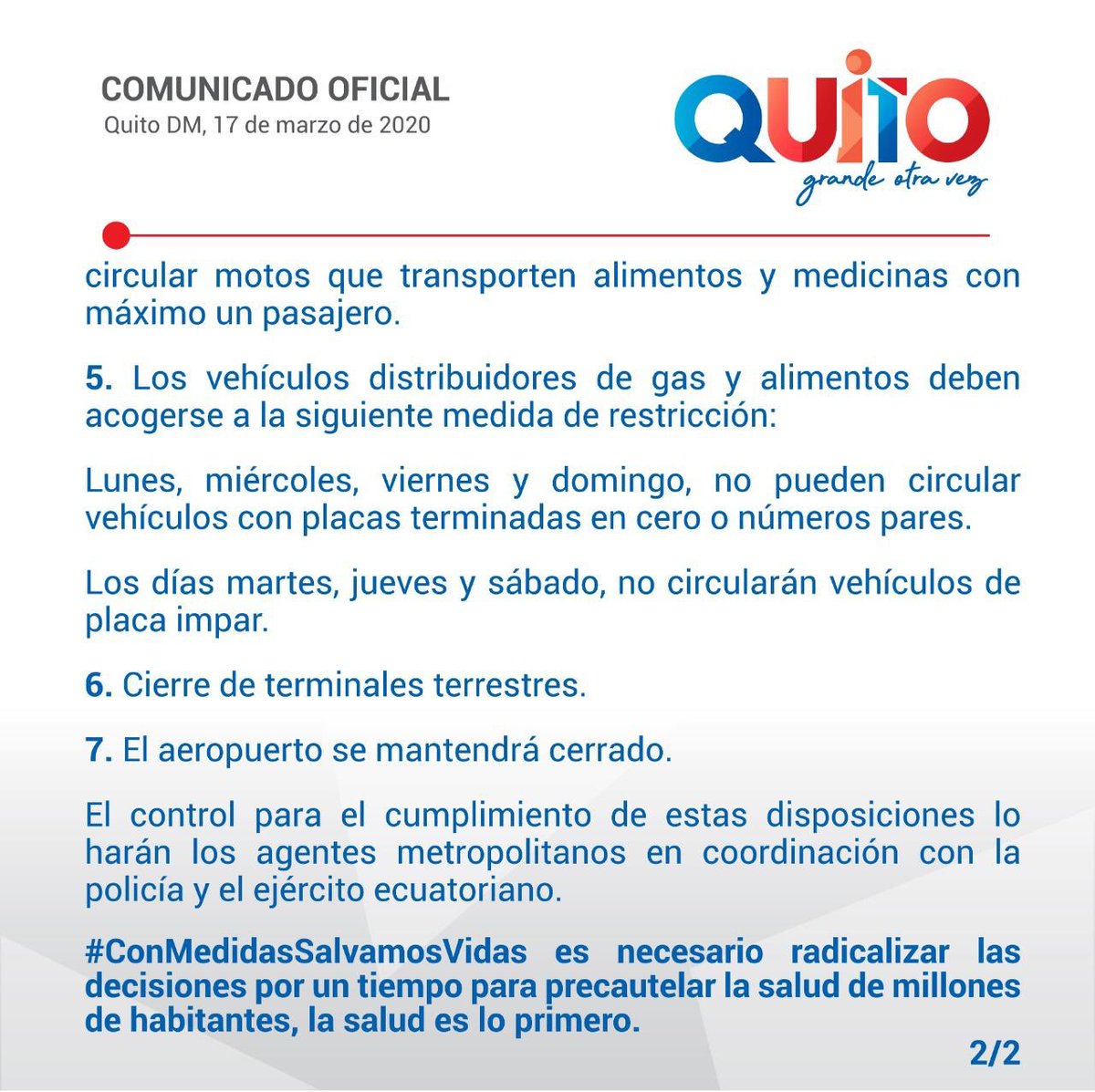 MunicipioQuito's tweet photo. #ConMedidasSalvamosVidas Es vital radicalizar las decisiones por un tiempo para precautelar la salud de millones de habitantes, la salud es lo primero. #QuédateEnCasa https://t.co/YpmHh3Cw6q