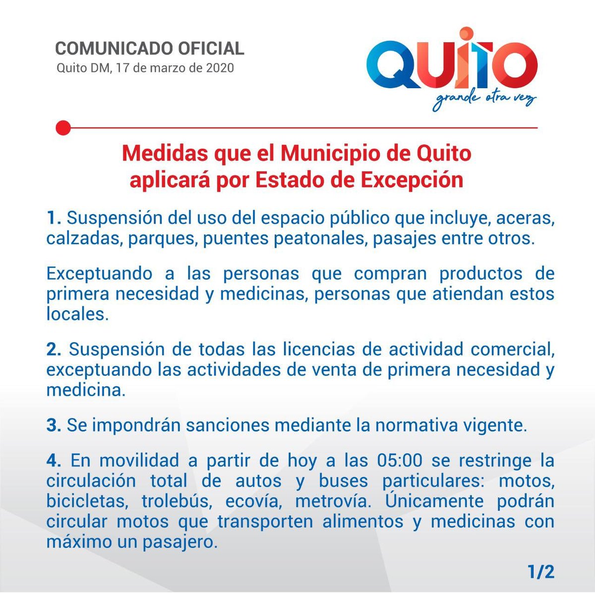 MunicipioQuito's tweet photo. #ConMedidasSalvamosVidas Es vital radicalizar las decisiones por un tiempo para precautelar la salud de millones de habitantes, la salud es lo primero. #QuédateEnCasa https://t.co/YpmHh3Cw6q