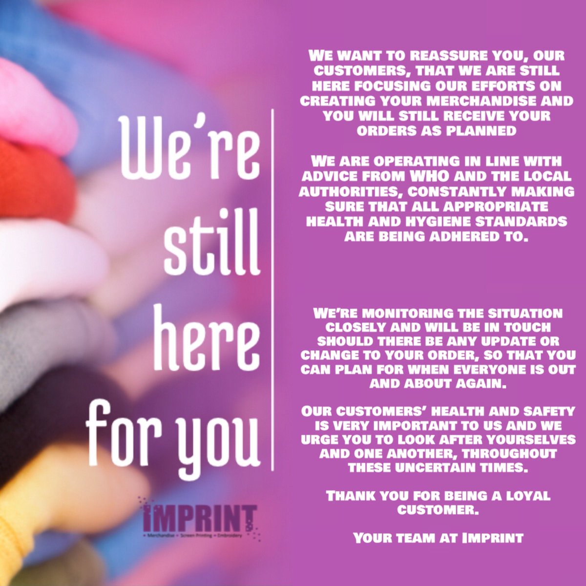 Imprint_Promo's tweet photo. We’re still here for you #screenprinting #embroidery #keepgoing #keepsafe #stayhealthy #COVID2019 #coronavirus #CoronavirusOutbreak #SupportLocalBusinesses https://t.co/Rmf12SxR7w