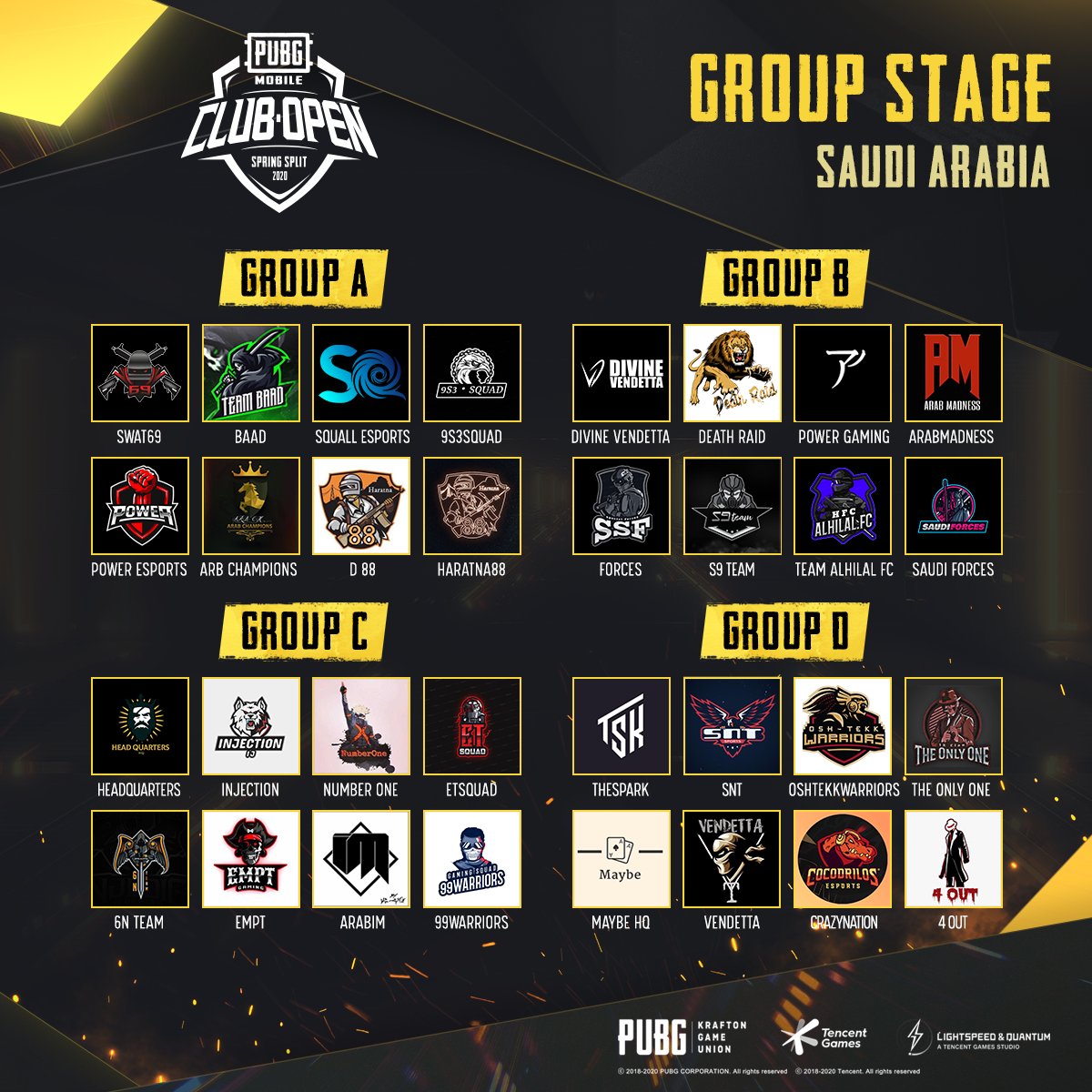 EsportsPUBGM's tweet photo. Here are your teams for the #PMCO2020 Group Stages split into the respective groups for Saudi Arabia, Turkey and Europe! Do you spot your favourite team? Make sure to tune in and show your support: https://t.co/YT3MB7s97r https://t.co/j73idAfYUz