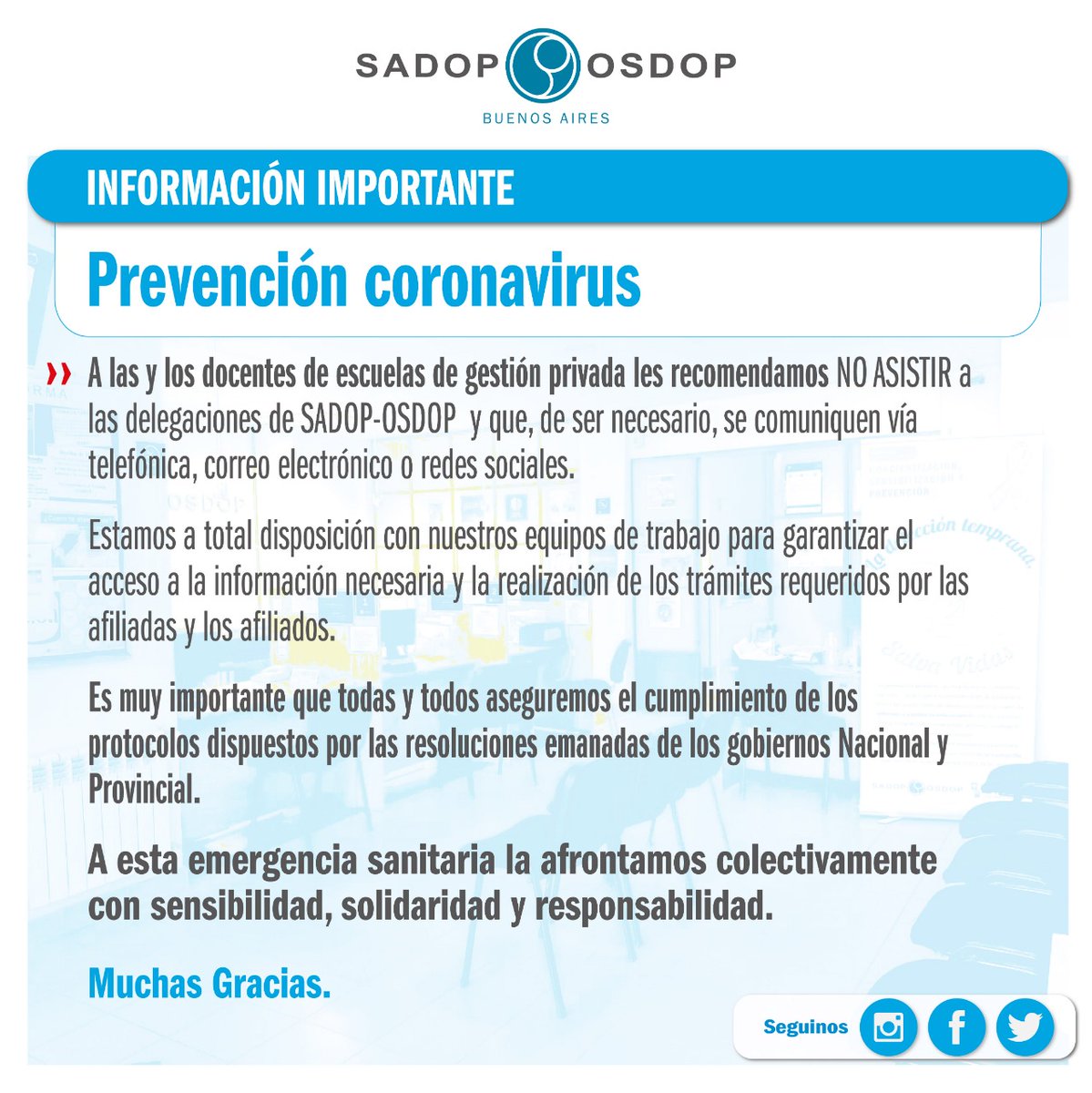 sadoppba's tweet photo. INFORMACIÓN IMPORTANTE 

A las y los docentes de escuelas de gestión privada les recomendamos NO ASISTIR a las delegaciones de SADOP-OSDOP  y que, de ser necesario, se comuniquen vía telefónica, correo electrónico o redes sociales. https://t.co/h9ofwrS1g8