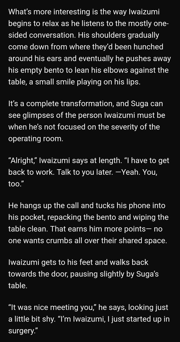 Here comes you man by newamsterdam https://archiveofourown.org/works/7378066 -1/1-iwaio-iwaizumi is a new surgeon and suga wants to know more about him-suga's pov-side daisuga-suga thinks oikawa is iwa's wife