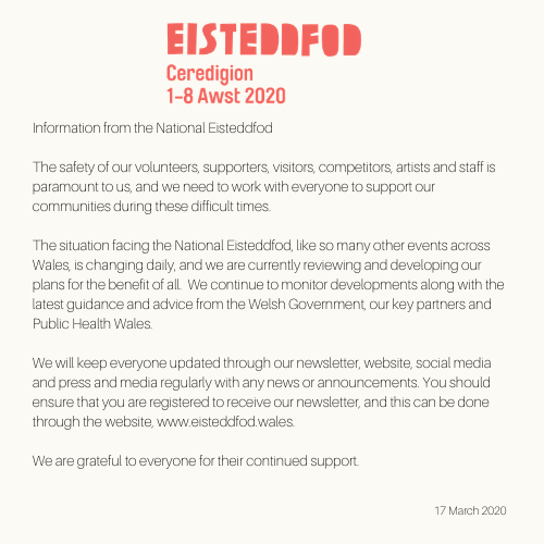 Diweddariad gan yr Eisteddfod.

Datganiad llawn yma: bit.ly/2wh8ooV

❤️