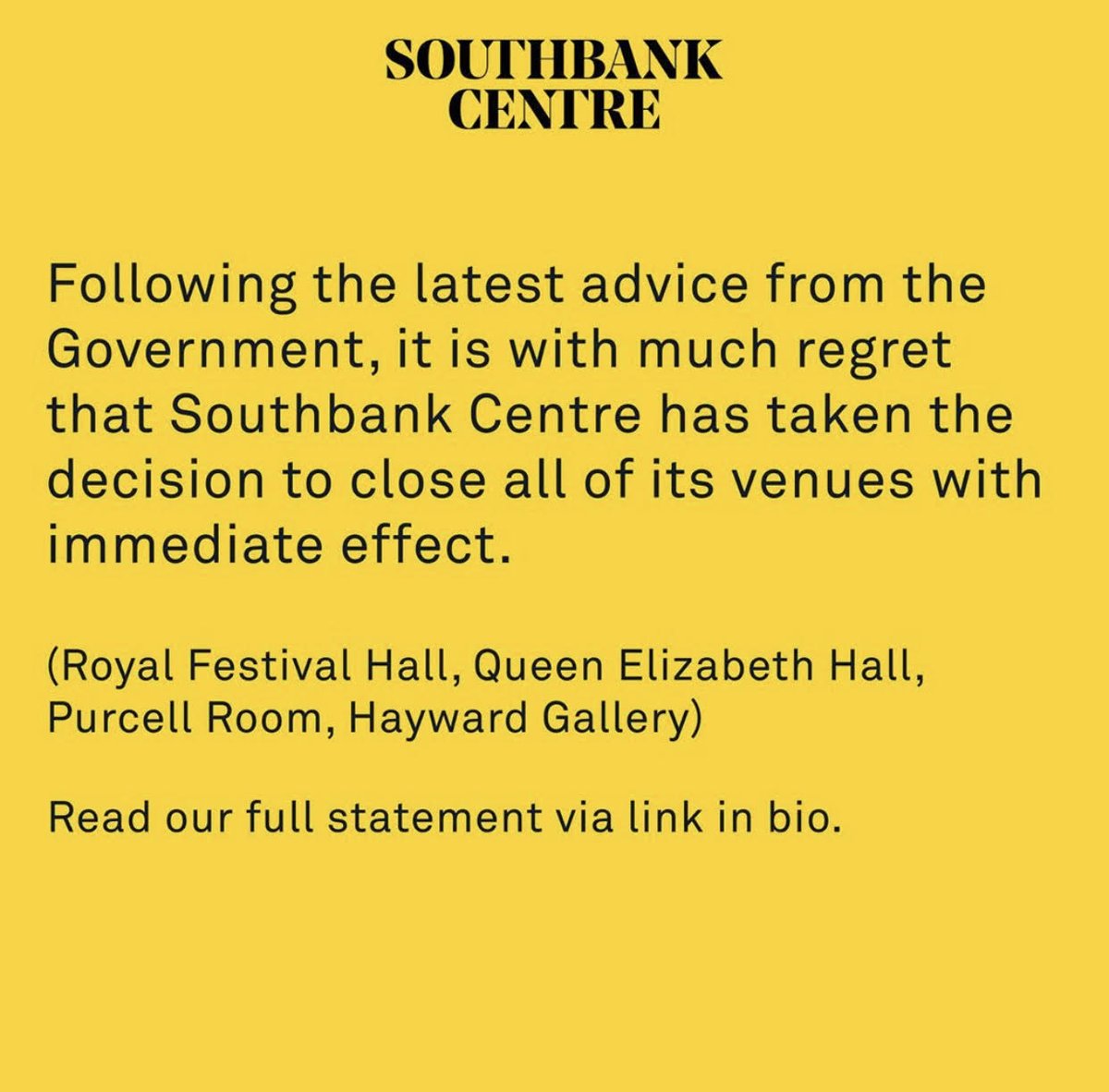 Southbank Centre Food Market (@scfoodmarket) on Twitter photo Following the latest advice from the Government, it is with much regret that <a href="/southbankcentre/">Southbank Centre</a> has taken the decision to close. As a result, we will not be running our much loved <a href="/scfoodmarket/">Southbank Centre Food Market</a> until further notice.
In the meantime, look after yourselves, families and loved ones. Following the latest advice from the Government, it is with much regret that <a href="/southbankcentre/">Southbank Centre</a> has taken the decision to close. As a result, we will not be running our much loved <a href="/scfoodmarket/">Southbank Centre Food Market</a> until further notice.
In the meantime, look after yourselves, families and loved ones.