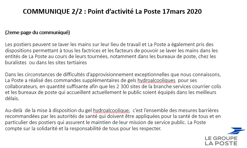 GroupeLaPoste's tweet photo. #Covid19France | #Communiqué
- 80% des facteurs ont assuré leur tournée:distribution du courrier,des colis,de la presse et services aux personnes âgées dans des conditions adaptées,respectueuses des mesures barrières
- 1 600 bureaux de Poste  accueillent et servent la population https://t.co/Kjtc9nPeqn