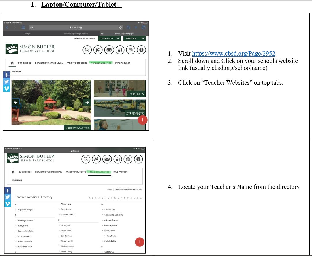 GhostChalk's tweet photo. #CBSD parents! Here's a step by step guide to access your child's Teacher Website - Distance Learning Assignments on Laptops and Phones!
Visit https://t.co/PJsUFDZ07d, Click your schools website link, then follow the instructional images attached to this tweet! #askcbtech #CBDLP https://t.co/AdYtxqu7p5