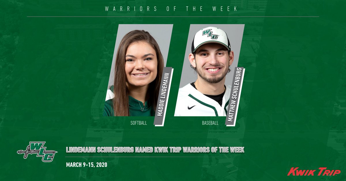 WLCSports's tweet photo. WOW: Maddie Lindemann (@WLCSoftball) and Matthew Schulenburg (@WLC_Base) have been named @KwikTrip Warriors of the Week for March 9-15. Read more about them at https://t.co/JmNV7FdcIe.

⚔️ #WeAreWarriors ⚔️ https://t.co/VnxnfbUgI5