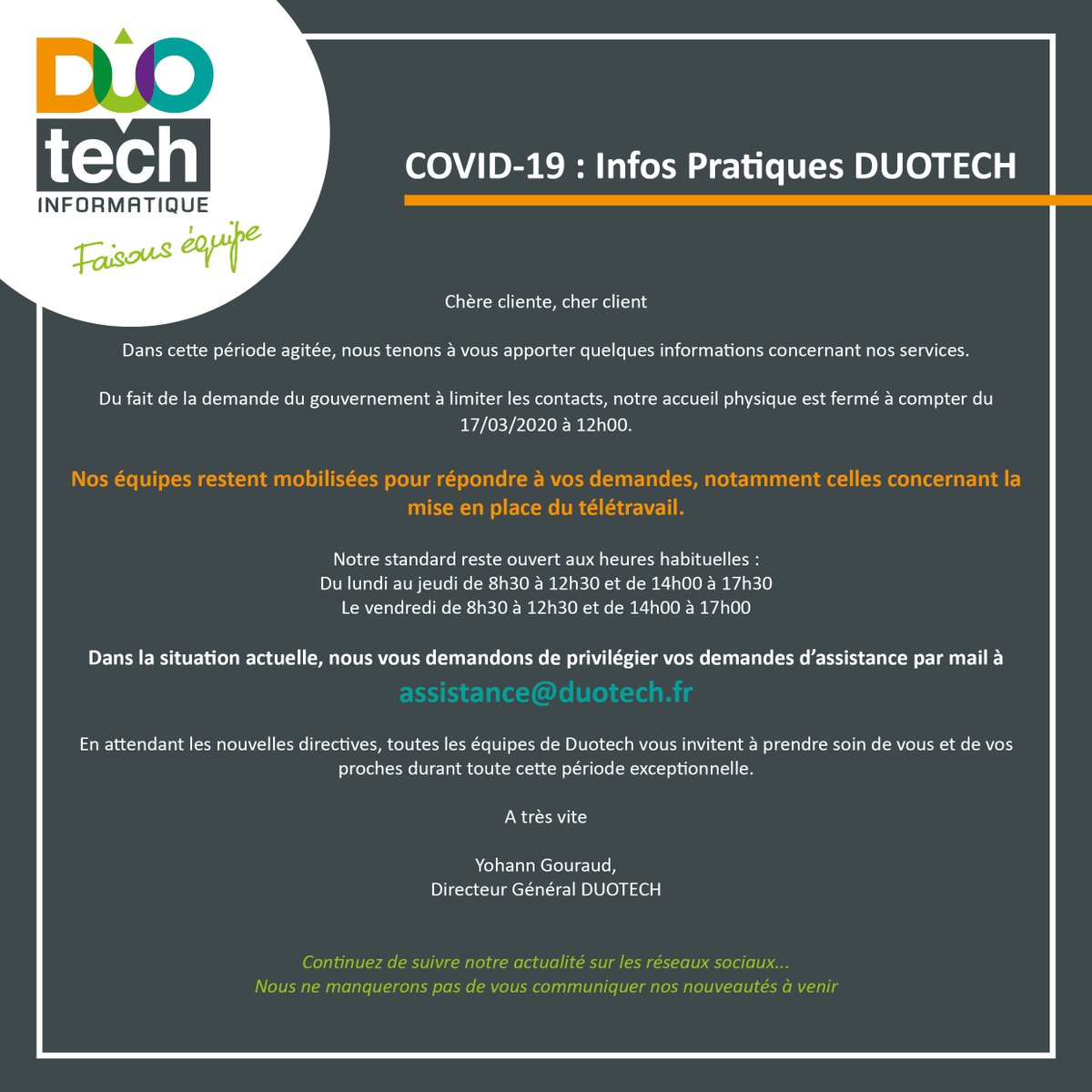 DUOTECH_INFO's tweet image. COVID-19 : Mesures prises par DUOTECH
Nous restons à votre service pendant cette période exceptionnelle. 😷 Prenez soin de vous !

#duotech #covid19 #confinement #servicetechnique #teletravail #cheznouscava #coronavirus #virus #informatique