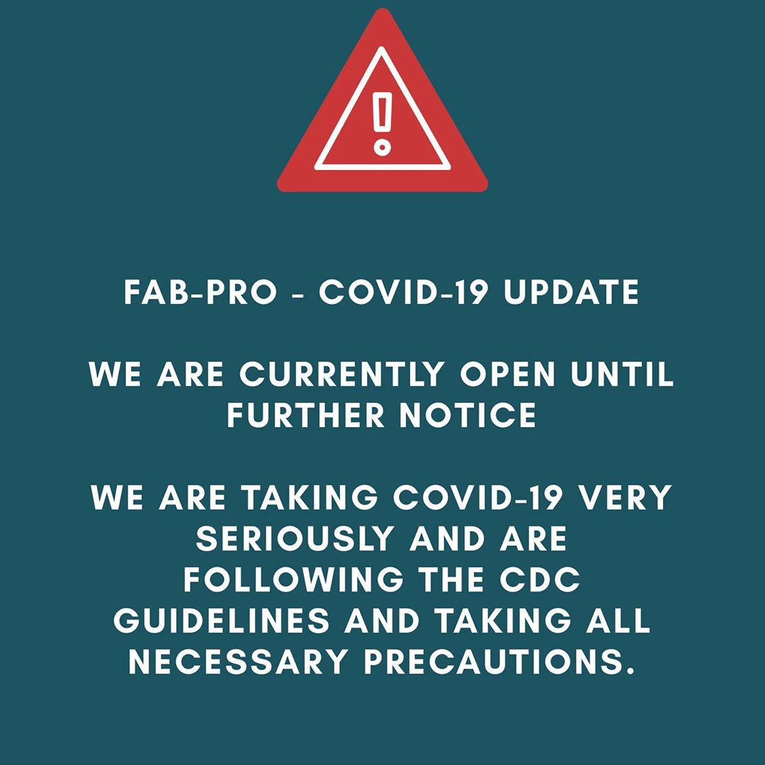 FabPro_'s tweet photo. Fab-Pro is taking the COVID -19 very seriously and are following the CDC guidelines and taking all necessary precautions. We are currently open for business until further notice. We are offering deep cleaning to our clients but are not going into homes where our clients are sick. https://t.co/Zq1IVLVWsL