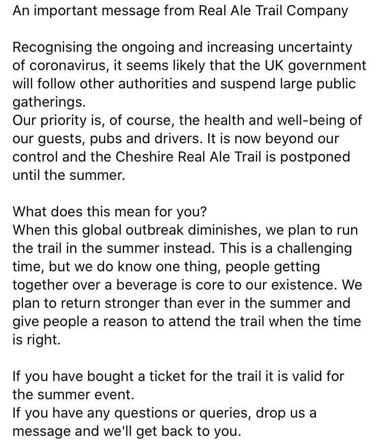 We’ve decided to postpone the Real Ale Trail until the summer. Full statement 👇