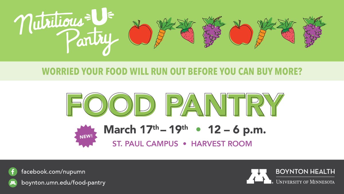 boyntonhealth's tweet photo. The Nutritious U Food Pantry is open today in the St. Paul Student Center's Harvest Room, noon-6pm. Wednesday and Thursday too! 🍎 🥕 🍇 🍅 
https://t.co/wGpbufPNzW https://t.co/FGFmXtodRz