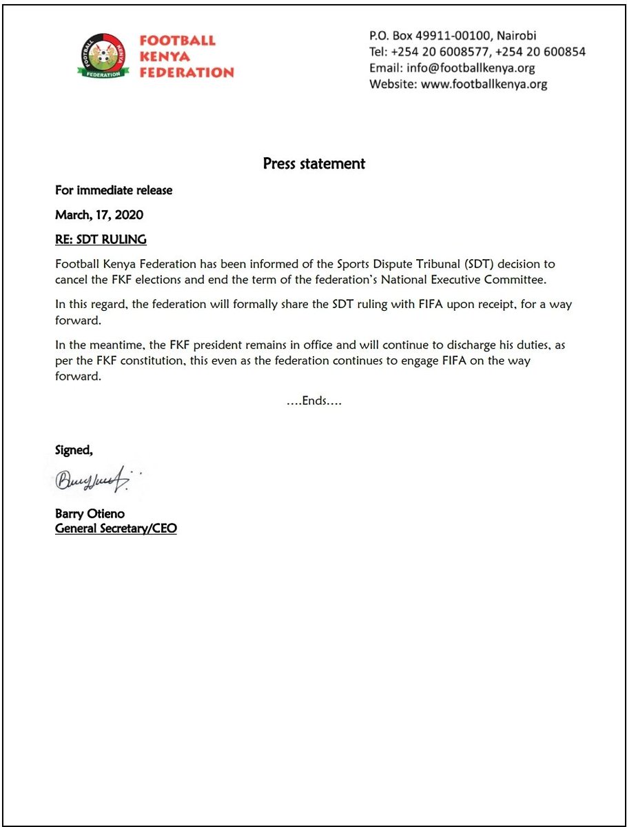 Bonface Osano On Twitter Fkf To Share With Fifa Sdt Ruling Which Annuled Its Elections Today For Further Guidance