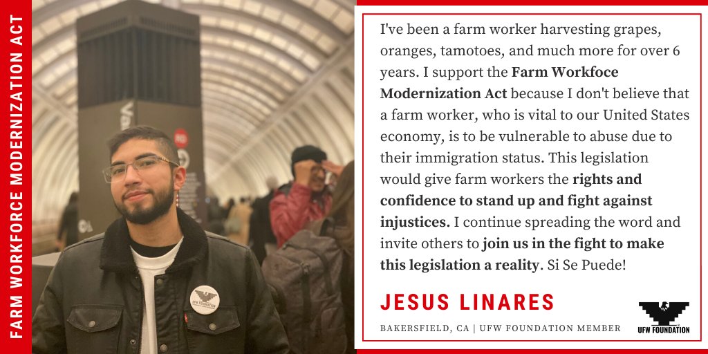 ufwfoundation's tweet photo. "The #FWMA would give #farmworkers the rights + confidence to stand up & fight against injustices. I continue spreading the word & invite others to join us in the fight to make this a reality" Jesus, @UFWF Member
#FutureFarmWorkforce
#FacesofFWMA
#WeFeedYou
@AmericasVoice https://t.co/H5YARm65Tf