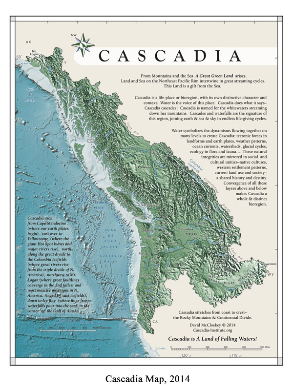 Mais les limites de Cascadia ne s'arrêtent pas seulement à ces montagnes, puisque la région pourrait s'étendre jusqu'au sud de l'Alaska.Le nom "Cascadia" a été appliqué pour la 1ère fois à toute cette région géologique par le géographe Bates McKee en 1972.