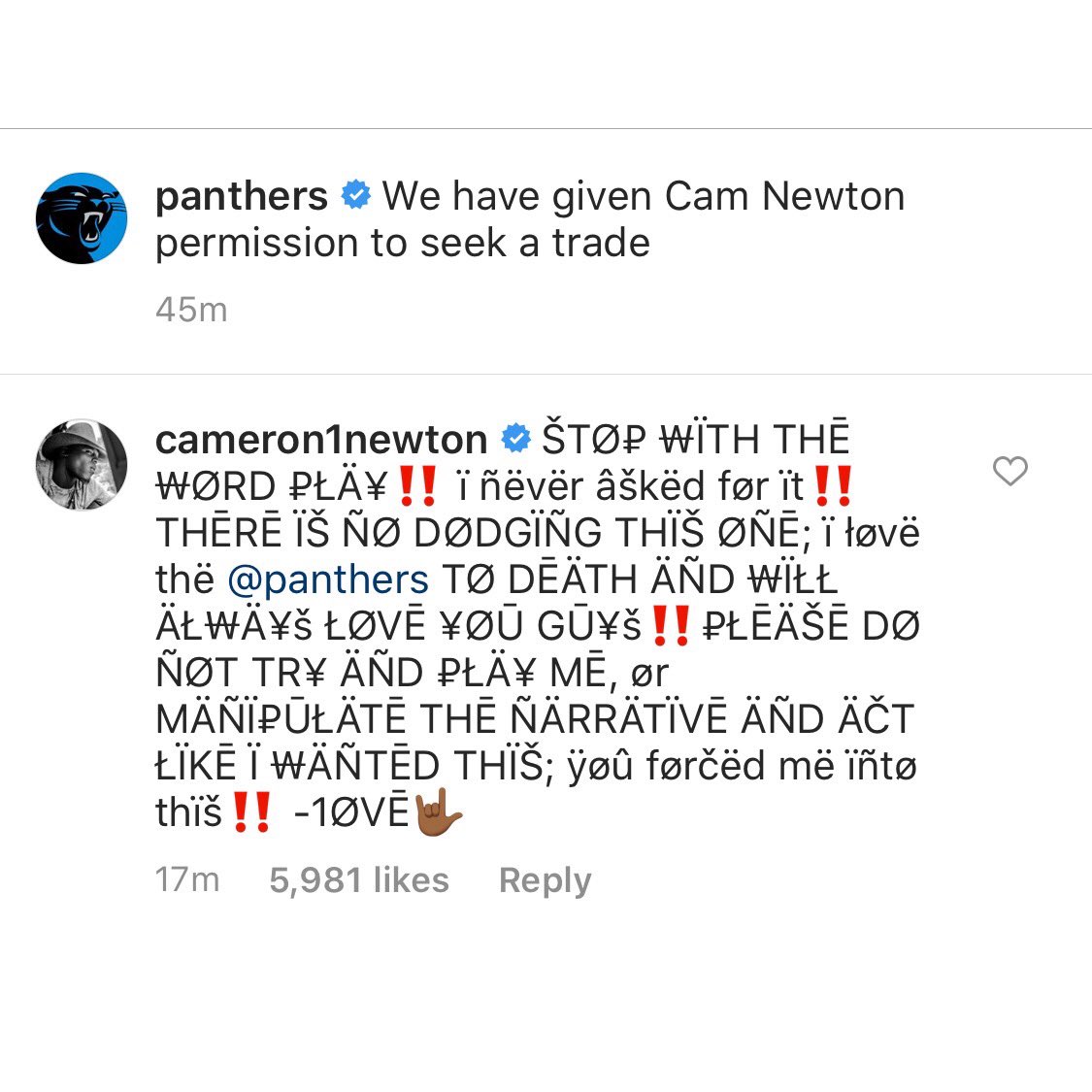 Bouwen Onaangeroerd Begeleiden Sportsnet on Twitter: "Cam Newton responds on IG, saying the Panthers forced him into seeking a trade. 😳 https://t.co/mI6MTkIJ3V" / Twitter Bouwen Onaangeroerd Begeleiden Sportsnet on Twitter: "Cam Newton responds on IG, saying the Panthers forced him into seeking a trade. 😳 https://t.co/mI6MTkIJ3V" / Twitter