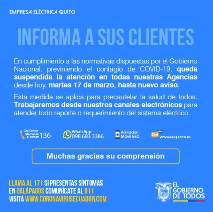 #QuedateEnLaCasa La #EEQ informa a sus clientes que atiende todos los requerimientos y reportes del sistema eléctrico, mediante sus canalaes electrónicos. #EnergiaParaElDesarrollo