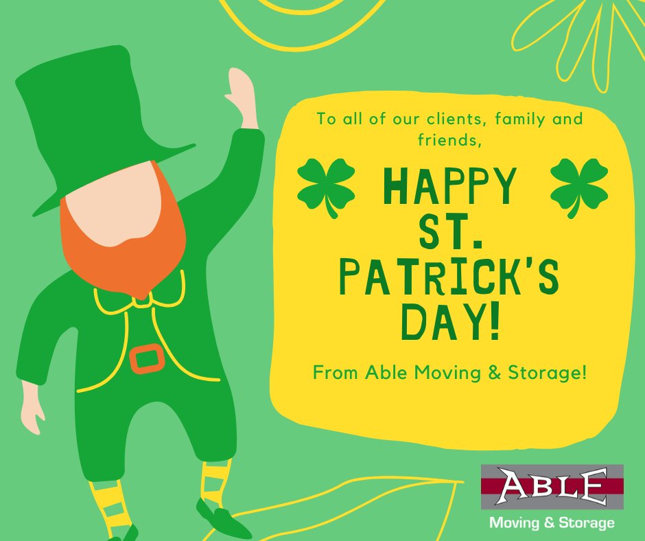 ablemovinginc's tweet photo. We want to wish everyone a Happy St. Patricks Day and hope you have the best of luck!

Are you wearing your green today? Post a picture of your green to show us your St. Patty's Day Spirit in the comment section below!

#stpatricksday #spirit  #green #luck #clover #luckoftheirish https://t.co/Ev0jsR6LTr