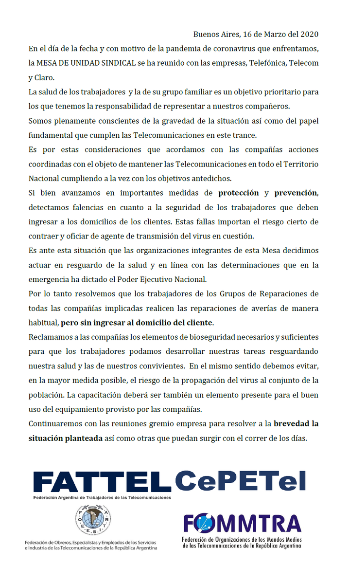 cepetel's tweet photo. #MUS comunicado Marzo 2020 prevención #coronavirus
priorizar la seguridad de nuestros trabajadores y trabajadoras
#cepetel #foetra #fommtra #fattel #foeesitra https://t.co/wYDBhx6QHQ
