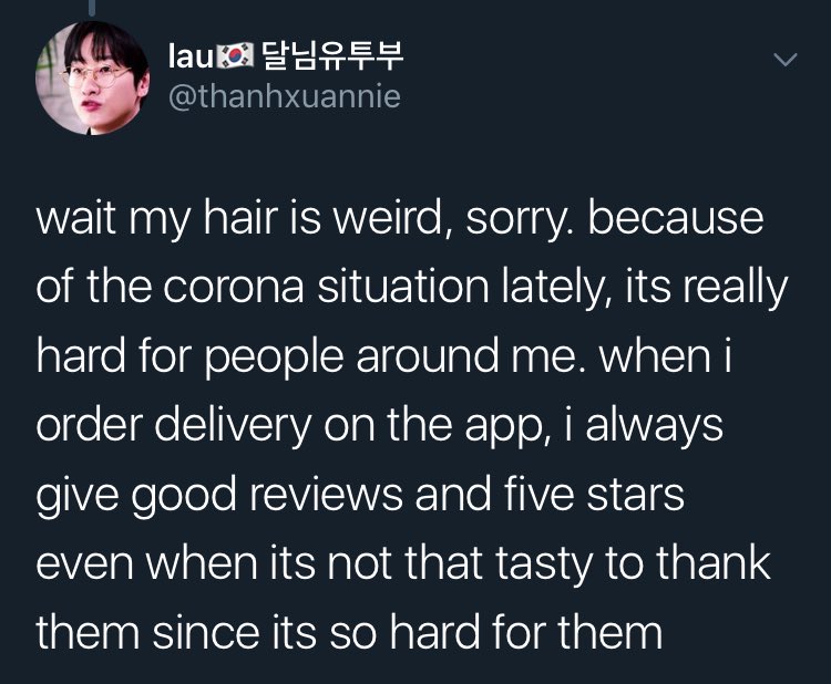due to the spread of coronavirus, heechul realizes that others are having a hard time so he leaves good reviews on food delivery app to thank them for their hard work, he encourages his fans to do the same & to be kind to everyone.