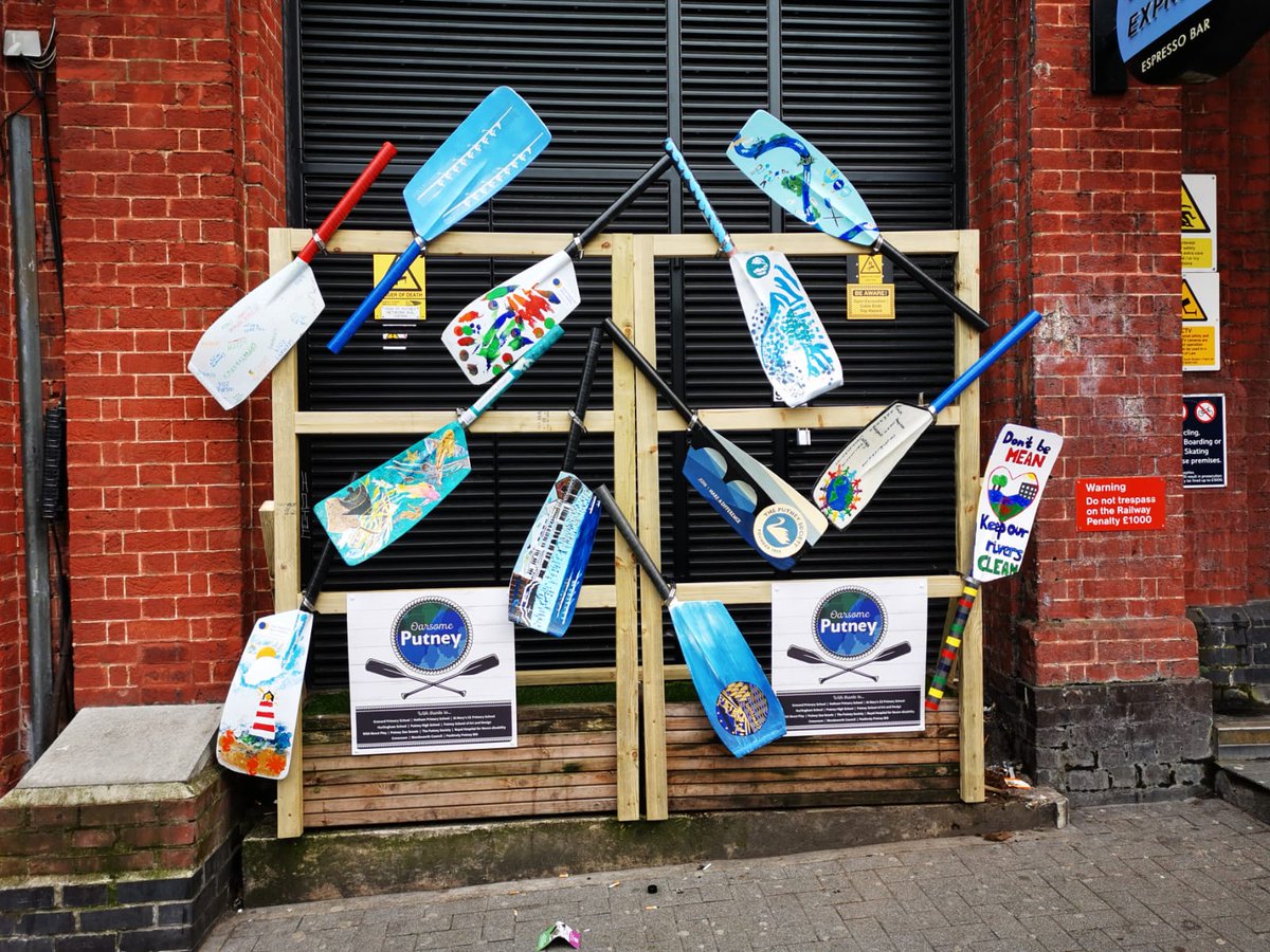 putney_bid's tweet photo. Some happier news to send out in the current difficult times...our #OarsomePutney artwork has been displayed outside Putney's train station. Thank you to all our talented artists from local schools &amp; groups. #rowing #supportlocal #localart https://t.co/hs5IPhZLSu