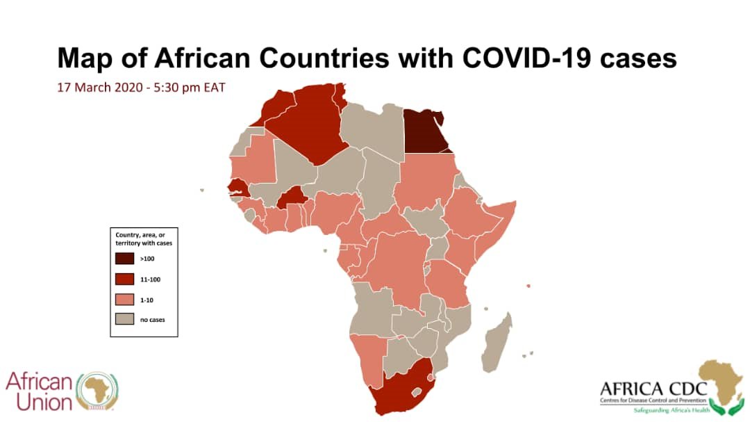 AfricaCDC's tweet photo. 1/2. Countries (30) with positive cases (457): 
Algeria (55), Benin (1), Burkina Faso(20), Cameroon (10), Central African Rep.(1), Congo(1), Côte D'ivoire(6), DRC (4), Egypt(166), Equatorial Guinea (1), Eswatini(1),  Ethiopia (5), Gabon (1), Ghana(6), Guinea (1), Kenya (4), (...) https://t.co/tc1zCrF7j5
