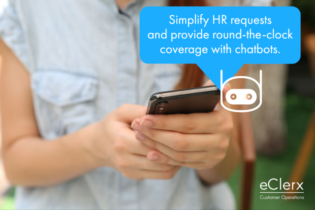 eClerx's tweet photo. By implementing eClerx's chatbot services, your firm can simplify the HR request system and establish round-the-clock availability to increase employee engagement and productivity. #CustomerOps #ChatSupport #Robotics #Automation https://t.co/bJGAONQGlq https://t.co/ewsSLCIejt