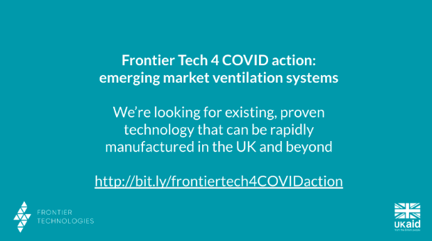Ventilators are life saving pieces of medical equipment for severe #COVID19 sufferers. But there are not enough to go around.

<a href="/DFID_UK/">DFID</a>'s Frontier Tech Hub are seeking global innovators with RAPIDLY MANUFACTURED VENTILATION SYSTEMS. 

Learn more and apply: bit.ly/frontiertech4C…