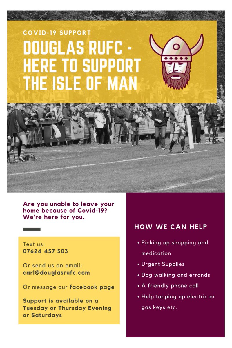 With all rugby activity suspended until at least the 14th April <a href="/DouglasRUFC/">Douglas RUFC</a> is using training and match time to help out those in need during the Covid-19 pandemic. 
If you are able to help or need help please contact Carl - see poster 🏉🇮🇲
#community #vulnerable #isleofman