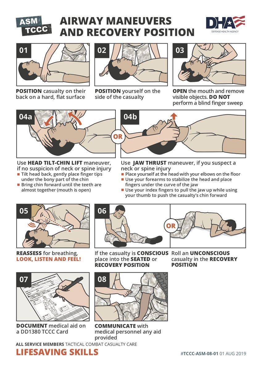 Follow this skill card's illustrations and step-by-step instructions to #learn how to rapidly assess a casualty's #airways, clear visible obstructions, and position them appropriately for #recovery. #TCCC #ASM bit.ly/33g1goY