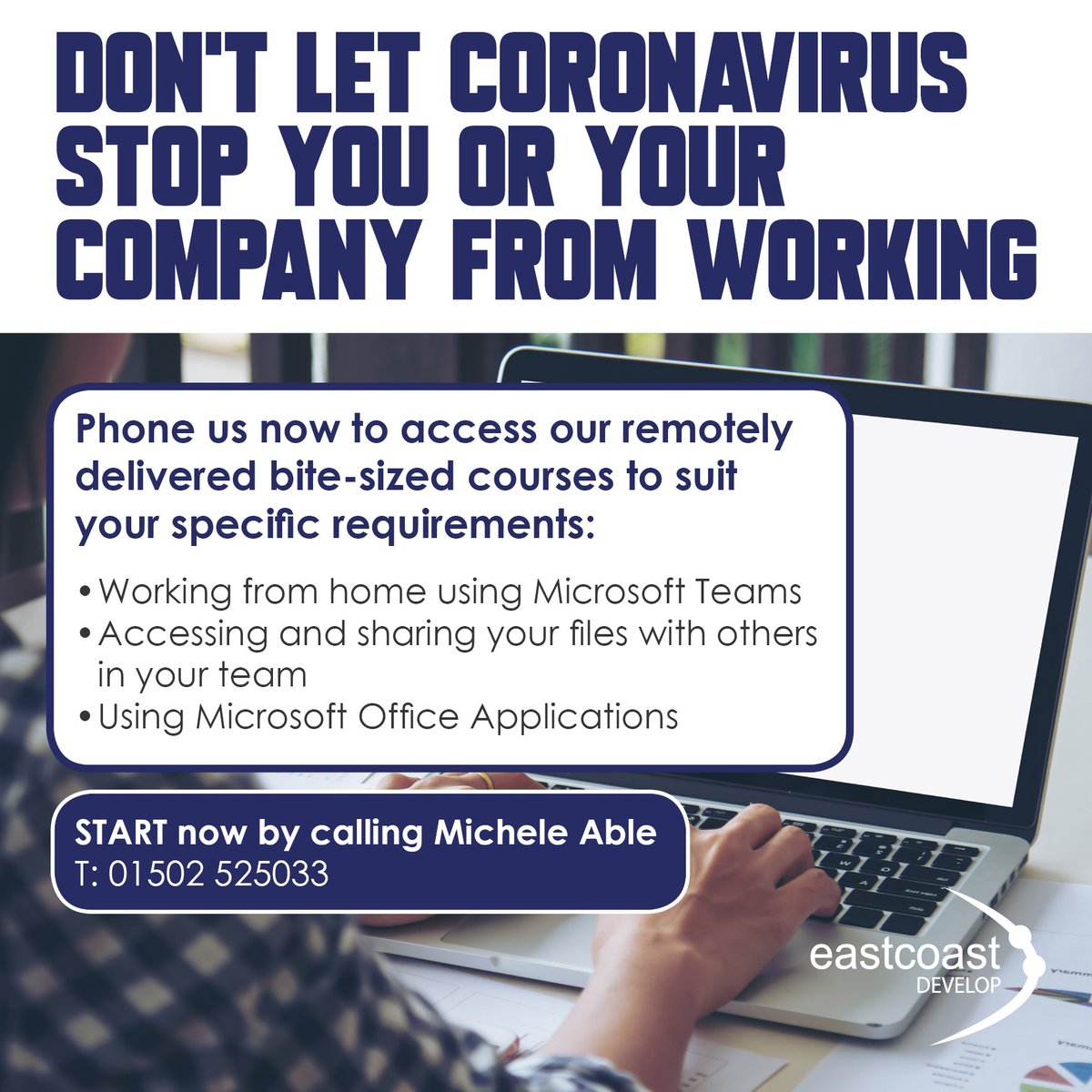 EC_Develop's tweet image. Don't let Coronavirus stop you or your company from working.

We offer remotely delivered bite-sized courses to suit the specific requirements of your business.

START now by contacting Michele Able T: 01502 525033