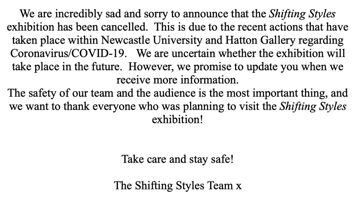 shiftingstyles_'s tweet photo. We are incredibly sad and sorry to announce that the Shifting Styles exhibition has been cancelled.  Read below for more information.  Take care and stay safe!x https://t.co/Khnk3epnAb