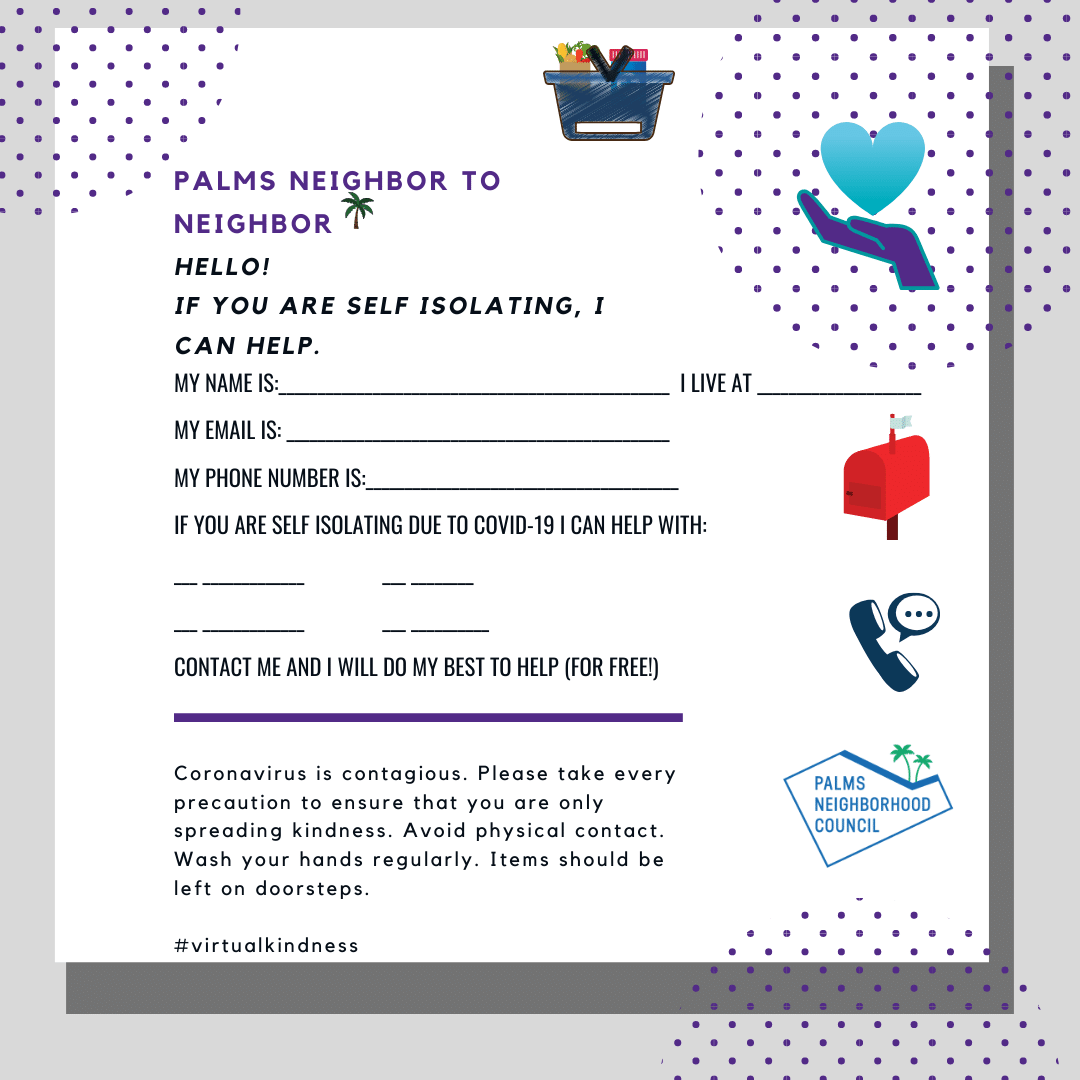 PalmsNC's tweet photo. PalmsLA Kindness is not cancelled. In times like these we need each other, and you may be able to help a neighbor! 

If you are willing, share with your neighbors your ability to help by printing 📄posting, sharing 📩the attached note.📧 https://t.co/6wjLXXdawX