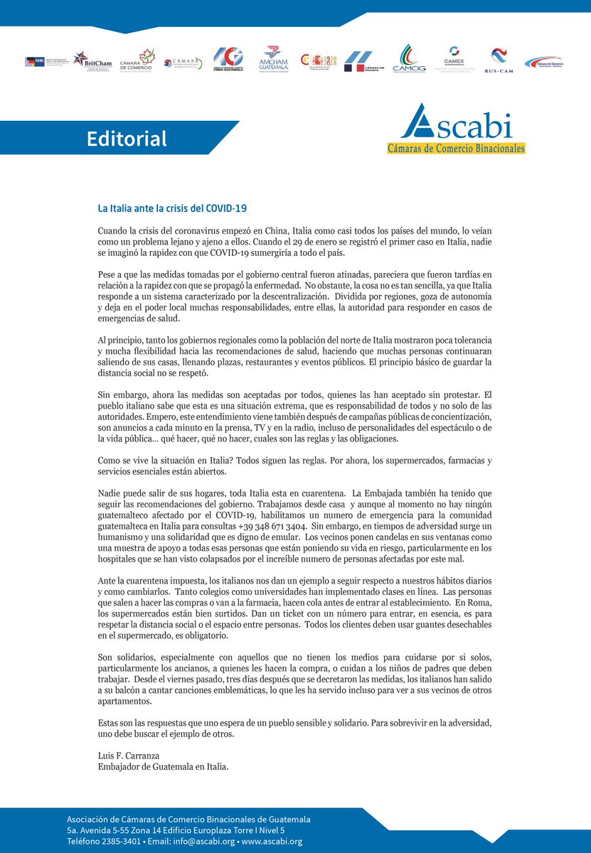 ASCABIGuatemala's tweet photo. Editorial: La Italia ante la crisis  del COVID-19 https://t.co/GUp5xsT3Ef