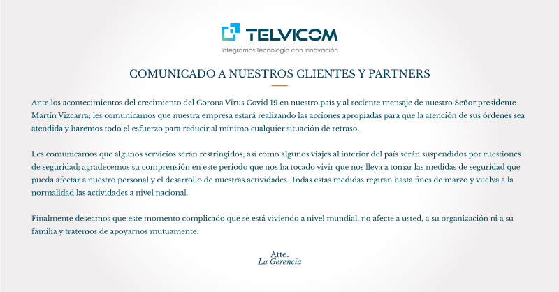 Telvicom's tweet photo. Comunicado a Nuestros Clientes y Partners #telvicom #YoMeQuedoEnCasa #PerúEstáEnNuestrasManos https://t.co/1PYN8d95BX