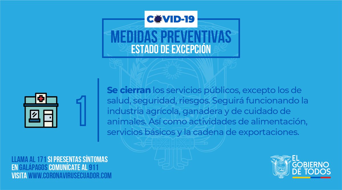 #QuédateEnCasa | Mientras dure el #EstadoDeExcepción, estarán cerrados los servicios públicos, excepto los de salud, seguridad, servicio de riesgos y aquellos que deban funcionar por la emergencia.
#ActivadosPorLaSalud
#CoronavirusEc
#Covid-19