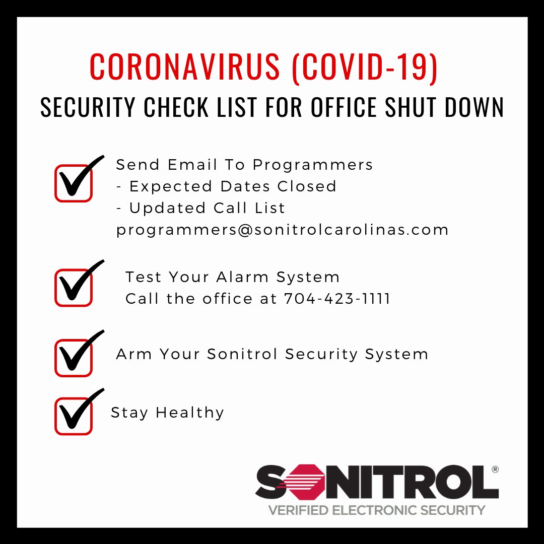 sonitrolnc's tweet photo. With businesses closing due to Coronavirus (COVID-19). We want to make sure your building is safe and secure while you are gone. Here is a checklist to follow before you leave.

If  you have any questions or concerns feel free to reach out to us at 704-423-1111. https://t.co/ELPlB56QYQ