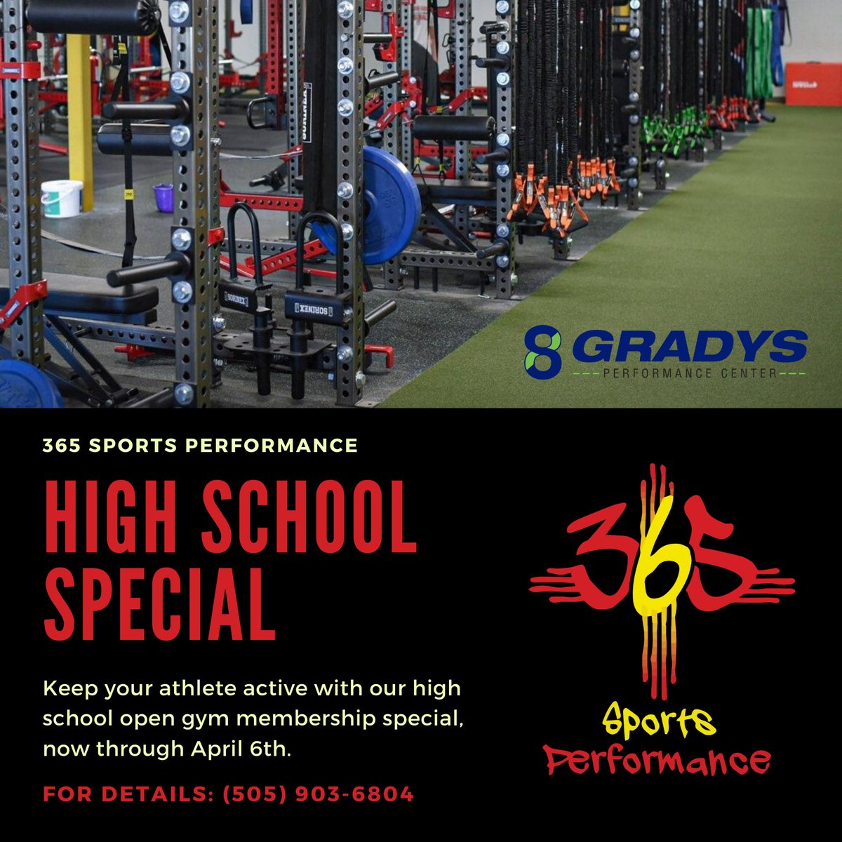 8Gradys's tweet photo. Keep your athlete active with our high school open gym membership special, now through April 6th. 

Call (505) 903-6804 for more information

@365sportsperformance #Team365 #TransformToday 
#TrainTogetherWinTogether https://t.co/uXOdCqtn2z