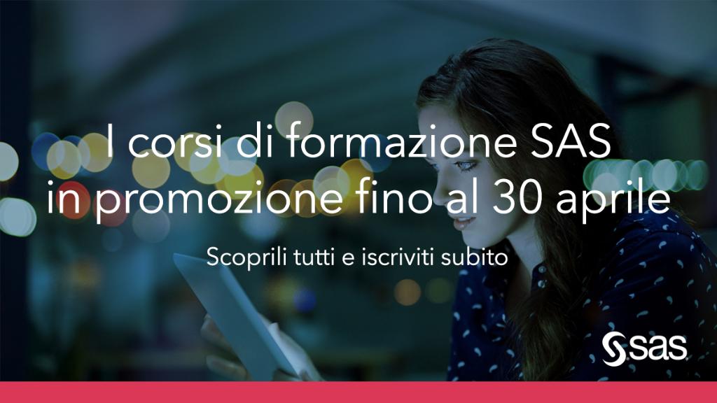 Fino al 30 aprile, i corsi di formazione #SAS erogati in modalità e-learning e live web sono in promozione. Scegli il corso che più ti interessa, inserisci il codice riportato nella nostra pagina e inizia la tua formazione: 2.sas.com/60151sgsb #education
