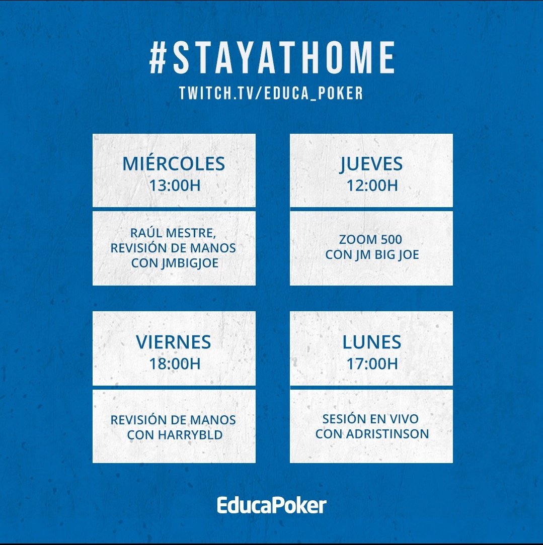 🚀SORTEO de 50€ y CLASES EN ABIERTO DE CASH para que te quedes en casa desde mañana.

♠Miércoles - <a href="/Raul_Mestre/">Raul Mestre</a> y <a href="/JMBigJoe/">JMBigJoe</a>
♥Jueves - <a href="/JMBigJoe/">JMBigJoe</a>
♣Viernes - @JavierVegaBLD
♦Lunes - <a href="/adristinsonn/">Adri</a>

Participa con 🔄RT y 💙Like

bit.ly/2weo10t