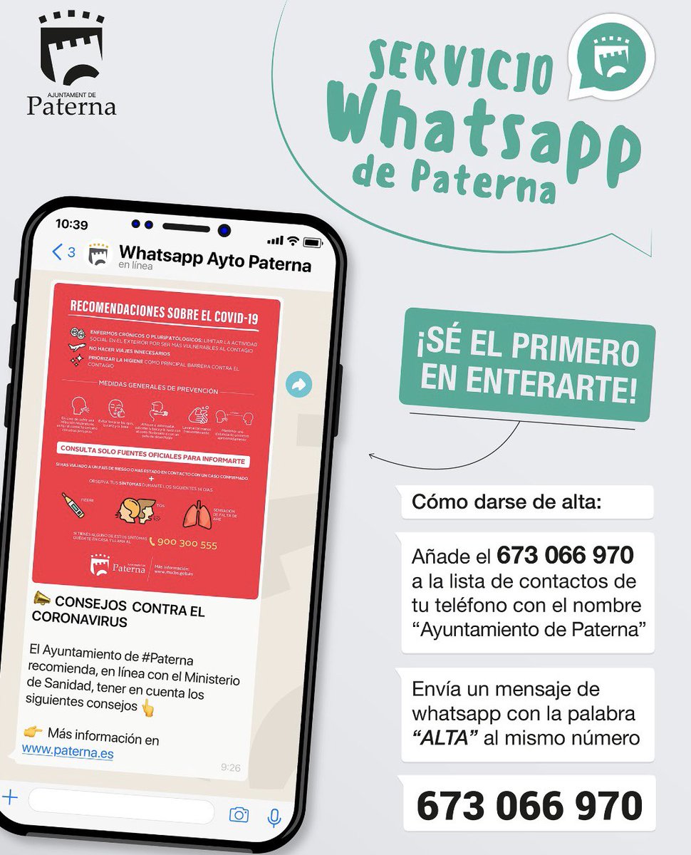 ¿Sabes cuál es el mejor remedio contra el #coronavirus?

Estar BIEN informado. Sólo informarte de fuentes #oficiales como la del <a href="/AytoPaterna/">Ayuntamiento Paterna</a> 

Apúntate al #whatsapp municipal y  recibirás información útil para que ganemos juntos este partido

#YoMeQuedoEnCasa #PaternaSolidaria❤️